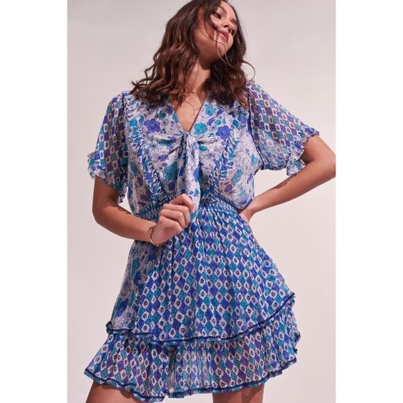 Poupette St Barth Mini Dress Alyson White Green Diagonal Batik - Picture 1 of 9